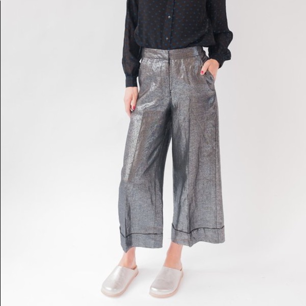 ELK Australia Silver Metallic Foil Finish 100% Linen Cropped Wide-Leg Pants Sz 6